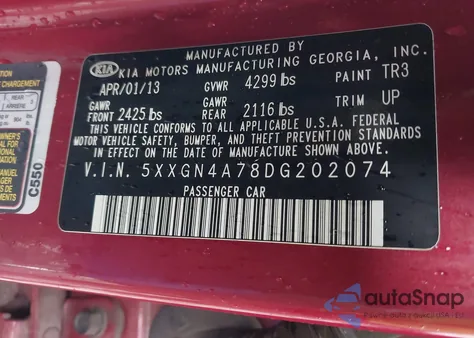 2013 Kia Optima Ex from USA, damaged, VIN 5XXGN4A78DG202074